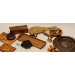 A mixed collection of wooden items including a Pokerwork Tray, hardwood stans, napkin rings etc...
