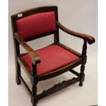Early oak childs chair on turned supports with caned stretcher