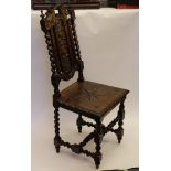Carved oak Victorian Hall Chair with barley twist supports and stretchers