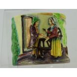 Continental round ceramic container with country scene - man and woman with spinning wheel vintage