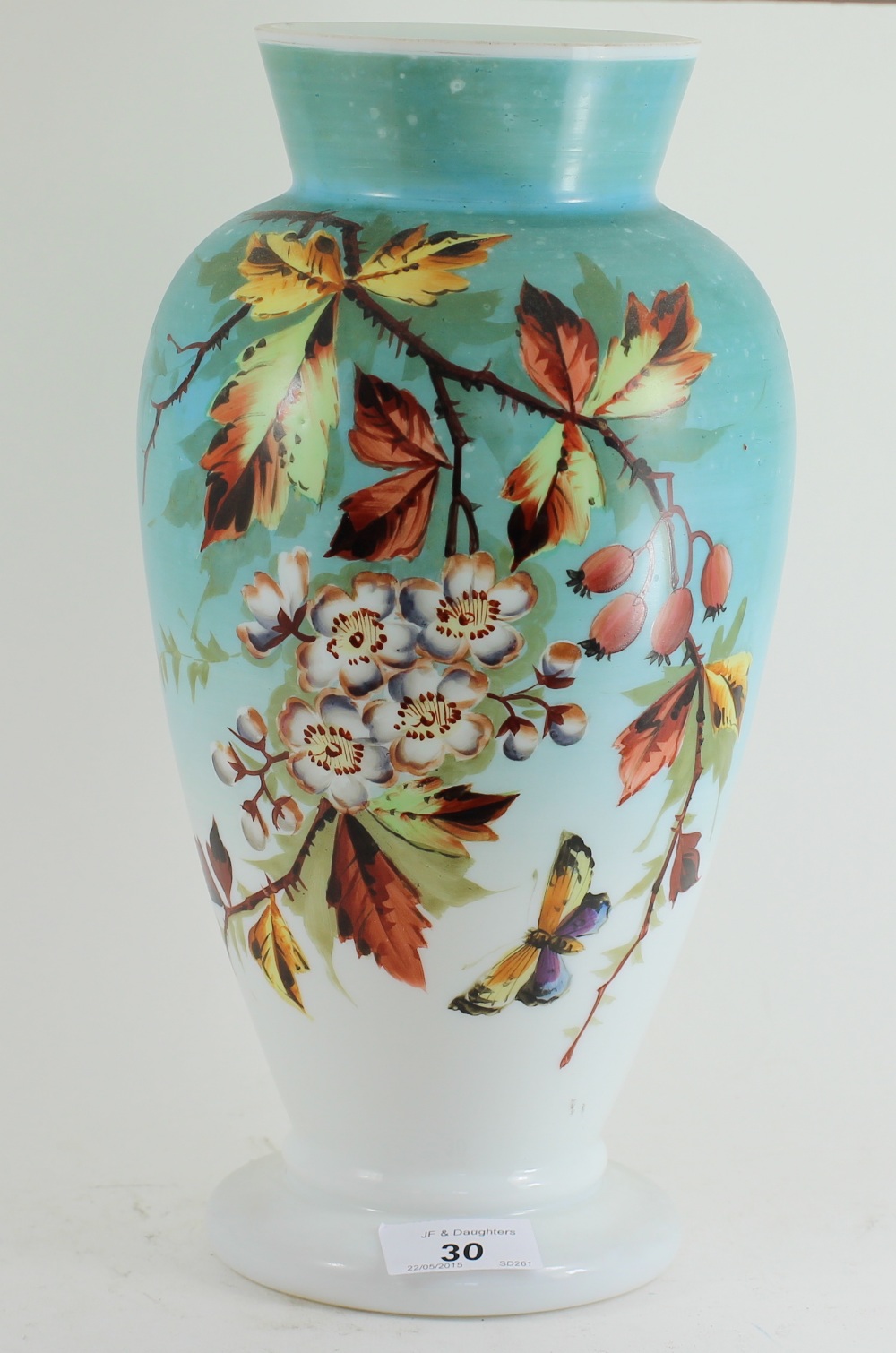 Victorian opalyne glass vase hand painted - blossums and insects