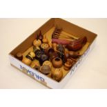 A collection of treen specimen wood turned items including paper weights, vases etc...