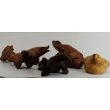 4 Carved wood figures: fish, frog,