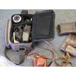 A collection of Retro cameras and flashes including a Pentax, Halina, Kodak etc...