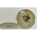 2 continental pottery collectors plates decorated with 2 portraits of gents after Holbein