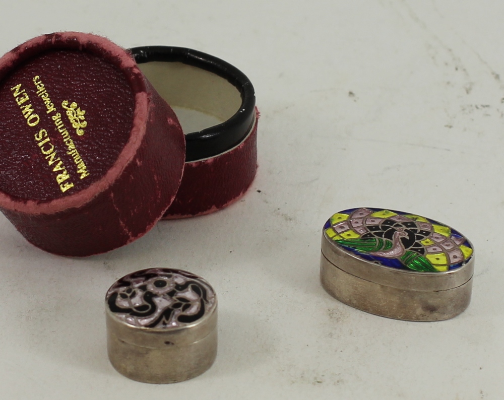 2 miniature Silver pill boxes with decorative enamel lids - Image 2 of 2