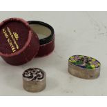 2 miniature Silver pill boxes with decorative enamel lids