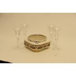 Art deco square section porcelain bowl and 2 pairs of crystal candle holders