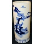 AN EARLY 20TH CENTURY JAPANESE BLUE & WHITE CYLINDRICAL PORCELAIN VASE, the sides painted with a