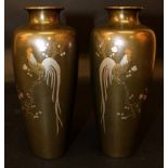 A GOOD MIRROR PAIR OF JAPANESE MEIJI PERIOD MIXED METAL BRONZE VASES, each inlaid in various