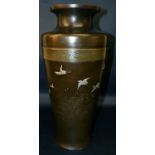 A GOOD LARGE JAPANESE MEIJI PERIOD ONLAID BRONZE VASE, the sides of the high-shouldered ovoid body