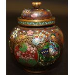 A GOOD QUALITY JAPANESE MEIJI PERIOD TAKAHARA CLOISONNE JAR & COVER, the fluted sides decorated in