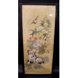 AN EARLY 20TH CENTURY CHINESE FRAMED PAINTING ON SILK, depicting cranes and birds in a garden