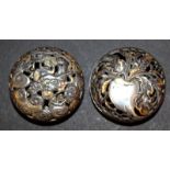 TWO UNUSUAL JAPANESE MEIJI PERIOD KAGAMIBUTA IRON NETSUKE, each pierced netsuke in two parts and