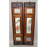 A PAIR OF EARLY 20TH CENTURY CHINESE WOOD & PORCELAIN PANELS, each panel centred with a well painted