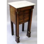 A MATCHING EMPIRE MAHOGANY WASH STAND with marble top and three small drawers 2ft 6ins high.