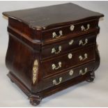 AN 18TH CENTURY DUTCH MAHOGANY BOMBE COMMODE, with a shaped top over four long drawers with later