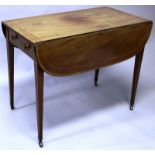 A GEORGIAN III MAHOGANY PEMBROKE TABLE, inlaid and cross banded with exotic woods, a drawer to one