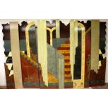 AN UNUSUAL ART DECO DESIGN LACQUER SIX PANEL SCREEN 7ft 8ins high x 11ft 6ins wide.