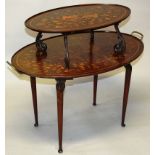 A LATE 19TH CENTURY FLORAL MARQUETRY INLAID TWO TIER ETAGERE with brass carrying handles,