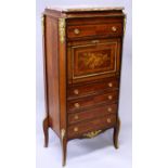 A FRENCH KINGWOOD AND ORMOLU SECRETAIRE A ABATTANT, with a marble top over a single drawer, a fall