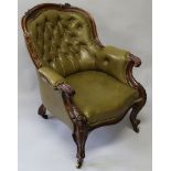 A GOOD VICTORIAN MAHOGANY BUTTON BACK TUB ARMCHAIR with carved show wood frame, studded leather