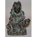 A GOOD 16TH/17TH CENTURY CHINESE MING DYNASTY BRONZE FIGURE OF WENSHU, the Buddhist deity seated