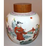 A 19TH CENTURY CHINESE FAMILLE VERTE PORCELAIN JAR, with a replacement wood cover, the sides of