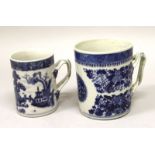 TWO 18TH/19TH CENTURY CHINESE BLUE & WHITE PORCELAIN TANKARDS, one painted with a river landscape,