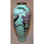 A JAPANESE MEIJI PERIOD TURQUOISE GROUND CLOISONNE VASE, circa 1900, the sides decorated with a bird
