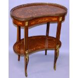 A FRENCH DESIGN INLAID MAHOGANY AND ORMOLU MOUNTED SIDE TABLE, the galleried top above a frieze