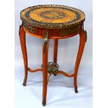 A FRENCH MAHOGANY STAINED AND ORMOLU MOUNTED TWO TIER OCCASIONAL TABLE, the circular top inlaid with