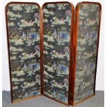 A CHINESE ROSEWOOD FRAMED THREE PANEL DRESSING SCREEN, the arched panels painted to both sides