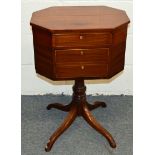 A 19TH CENTURY MAHOGANY WORK TABLE, flattened octagonal top over a small drawer and deep drawer on a