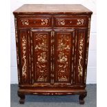 A CHINESE ROSEWOOD SIDE CABINET, with two short drawers over two cupboard doors, inlaid overall with