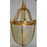 A GOOD LARGE GEORGIAN DESIGN BRASS HALL LANTERN, of domed form with six cut and frosted glass