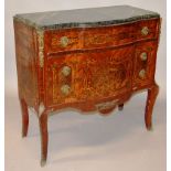 A FRENCH MARBLE TOP SERPENTINE FRONTED AND INLAID COMMODE with three inlaid long drawers with