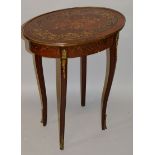 A FRENCH DESIGN MAHOGANY AND ORMOLU MOUNTED OVAL OCCASIONAL TABLE, the top inlaid with musical