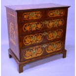 AN 18TH CENTURY WALNUT AND MARQUETRY INLAID STRAIGHT FRONT CHEST OF DRAWERS, the top profusely