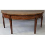 A GEORGE III MAHOGANY DEMI-LUNE SIDE TABLE on tapering square legs. 5ft 5ins long x 2ft 4ins deep