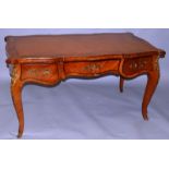 A GOOD LARGE LOUIS XVTH STYLE KINGWOOD BUREAU PLAT with inset leather top, three frieze drawers,