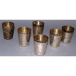 A SET OF SIX BLACK, STARR & FROST ENGRAVED STERLING SILVER BEAKERS.