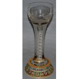 A SUPERB RUSSIAN SILVER AND ENAMEL GLASS GOBLET, the bowl engraved with deer in a landscape. 12ins