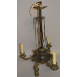 A REGENCY BRONZE AND GILT THREE BRANCH CHANDELIER with scrolling branches, anthemion mounts and