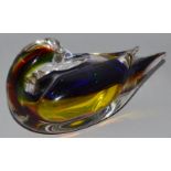 A MURANO COLOURED GLASS DUCK. Signed Archimede Seguso Murano. 8ins long.