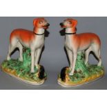 A PAIR OF STAFFORDSHIRE STANDING GREYHOUNDS, standing on rustic bases with a dead rabbit. 6.5ins