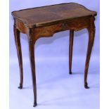 A 19TH CENTURY FRENCH KINGSWOOD AND MARQUETRY SIDE TABLE, with brass banded inlaid top of serpentine