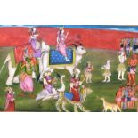 A GOUACHE, possibly Indian, of figures riding a tiger, elephant and bull with other figures. 6ins