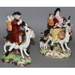 A PAIR OF STEVENS & HANCOCK PORCELAIN GROUPS OF THE TAILOR AND HIS WIFE riding goats on rococo