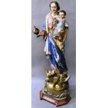 A SUPERB QUALITY 18TH CENTURY FRENCH “LIEGE” GRAND PAINTED AND GILDED MADONNA AND CHILD ON STAND,